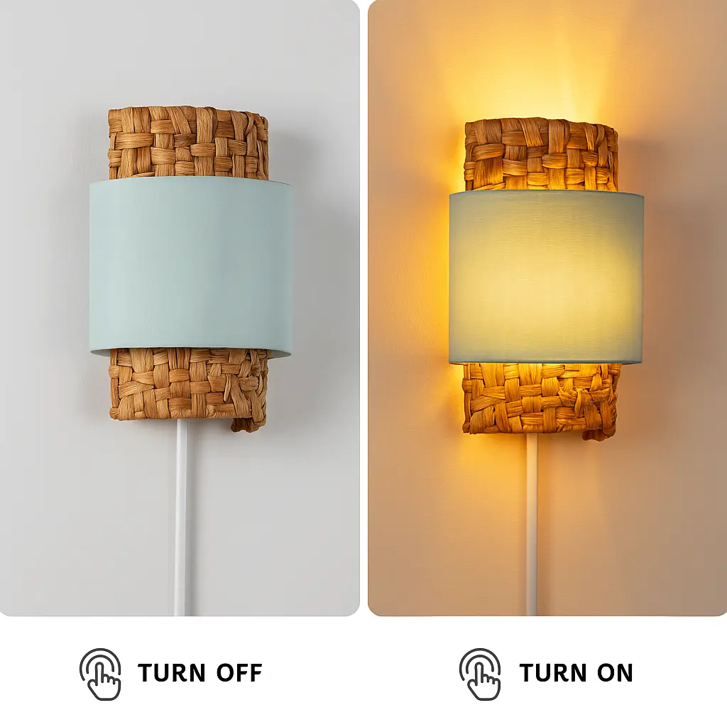 Lámpara de pared con cuerpo tejido, pantalla azul claro, apagada/encendida.