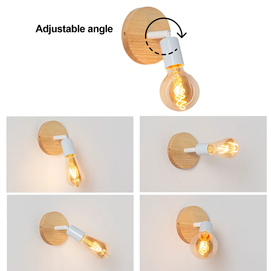 Una lámpara de pared con base de madera y brazo ajustable con bombilla.