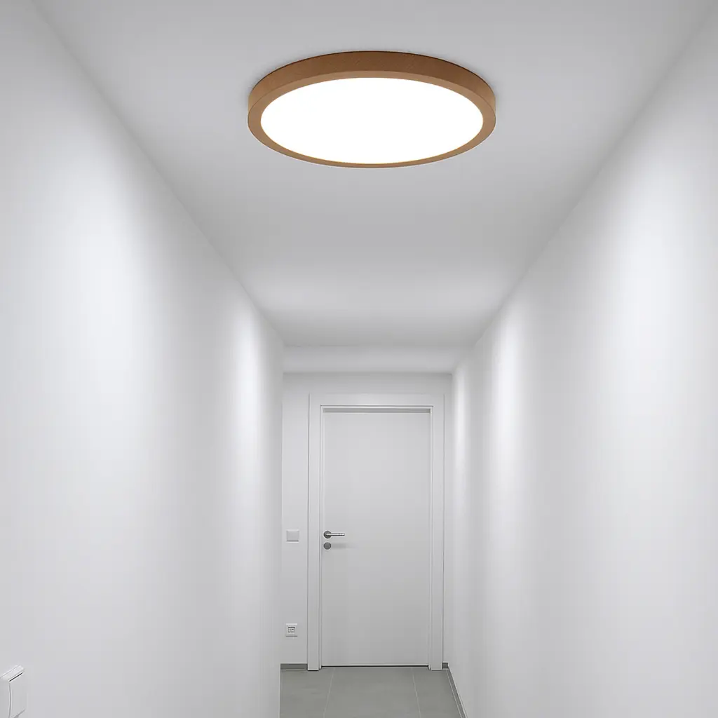 Un pasillo moderno con paredes blancas, puerta blanca y lámpara de techo redonda.