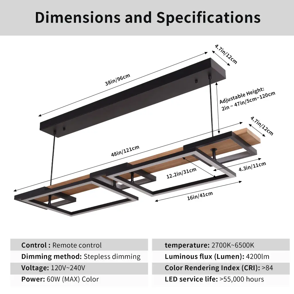 Lámpara colgante con elementos de madera y metal, dimensiones y especificaciones.