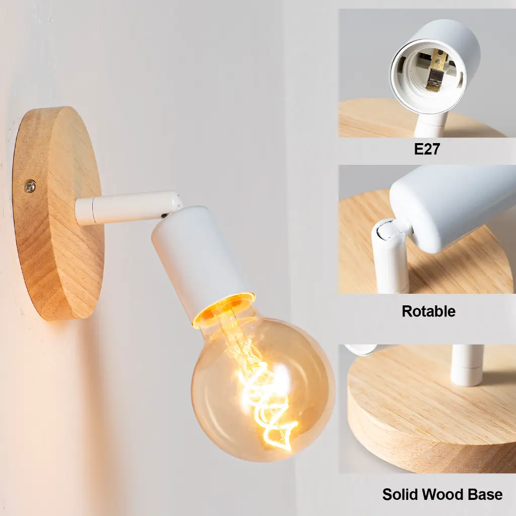 Una lámpara de pared blanca con base de madera y bombilla E27 visible.