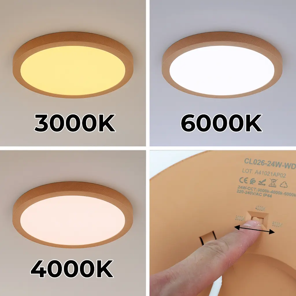 Cuatro paneles muestran luces de techo a 3000K, 6000K, 4000K y un dedo ajustando la CCT.
