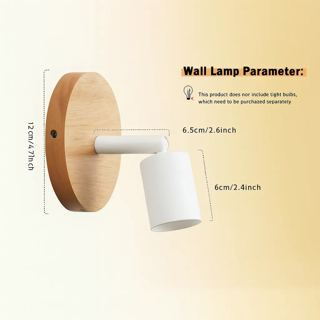 Lámpara de pared de madera con pantalla blanca, se muestran las dimensiones.