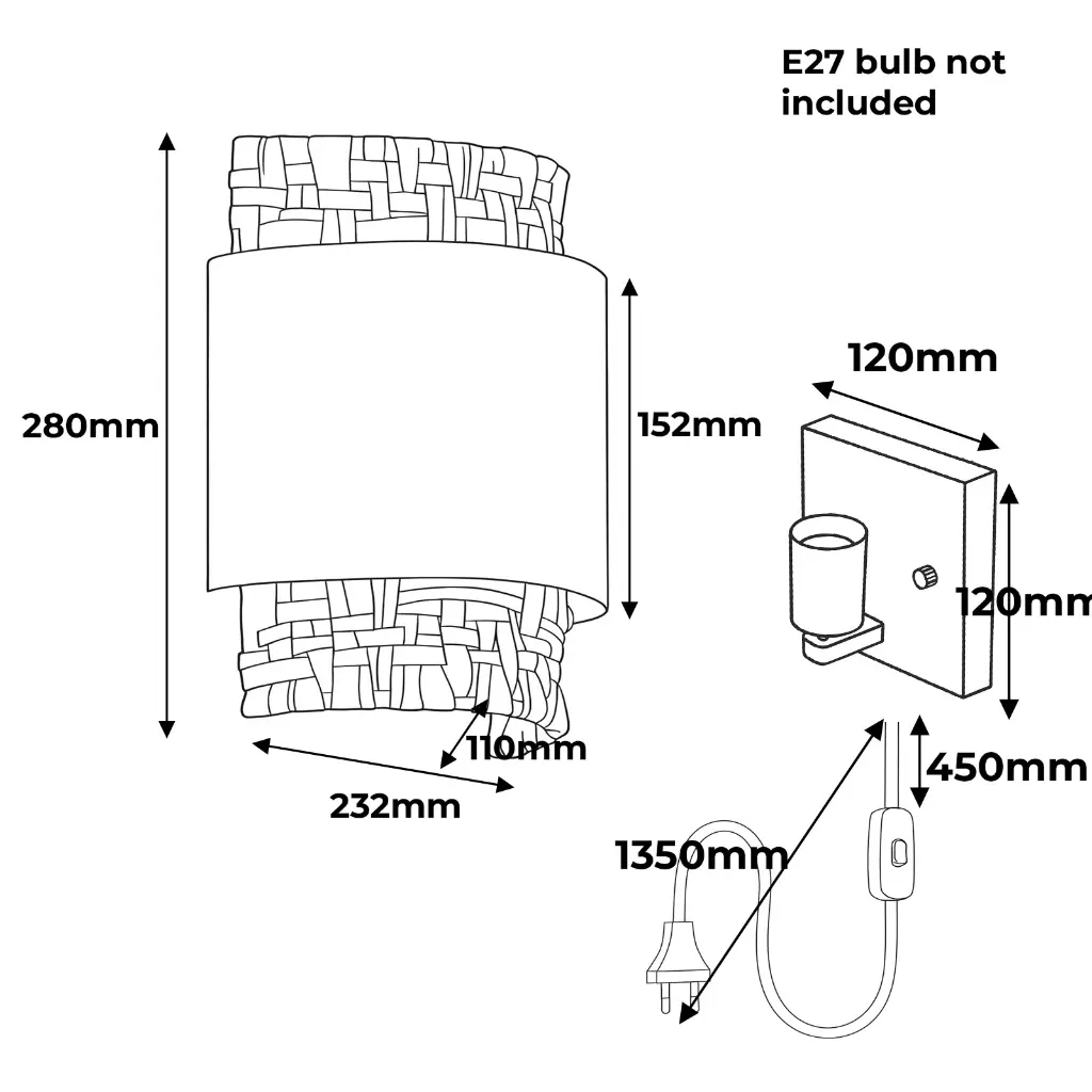 Dibujo técnico de una lámpara de pared con dimensiones. Bombilla E27 no incluida.