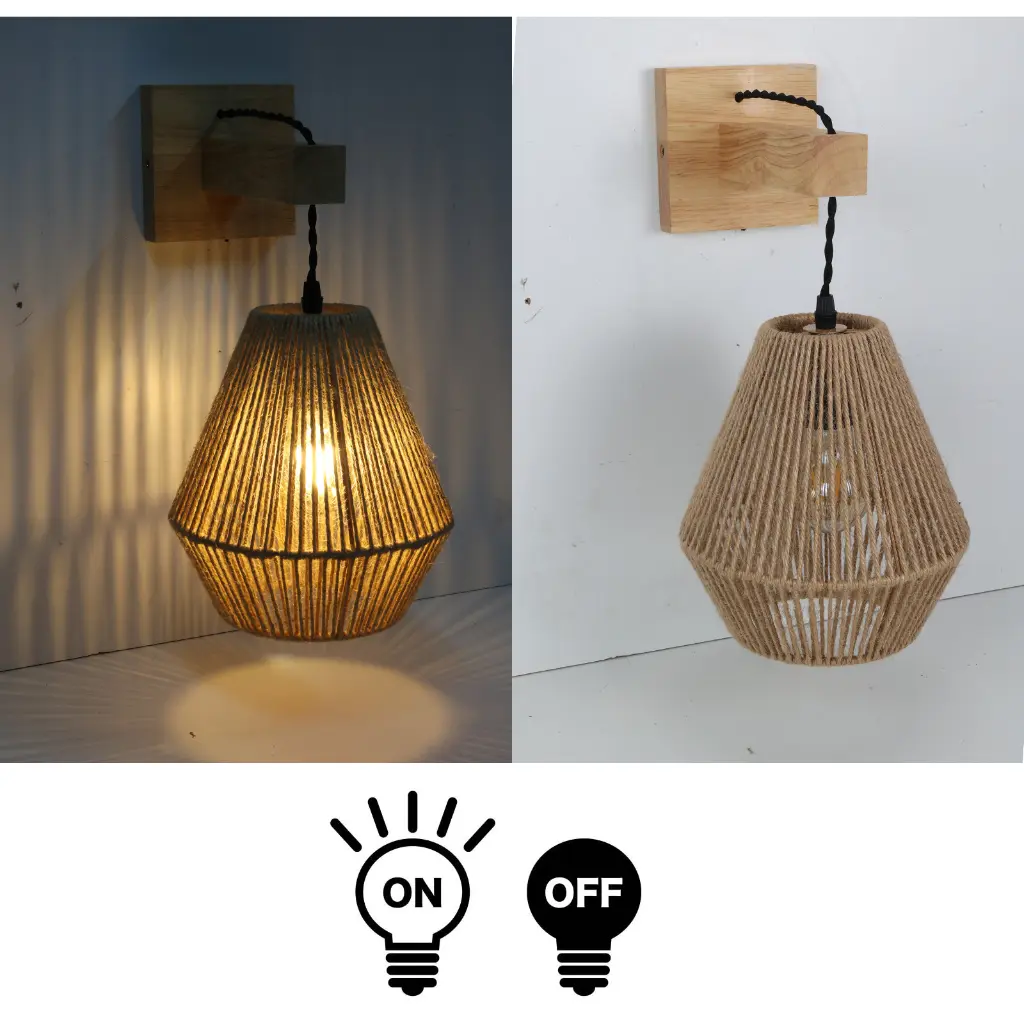 Lámpara colgante de yute, iluminada a la izquierda, apagada a la derecha, con iconos ON/OFF.