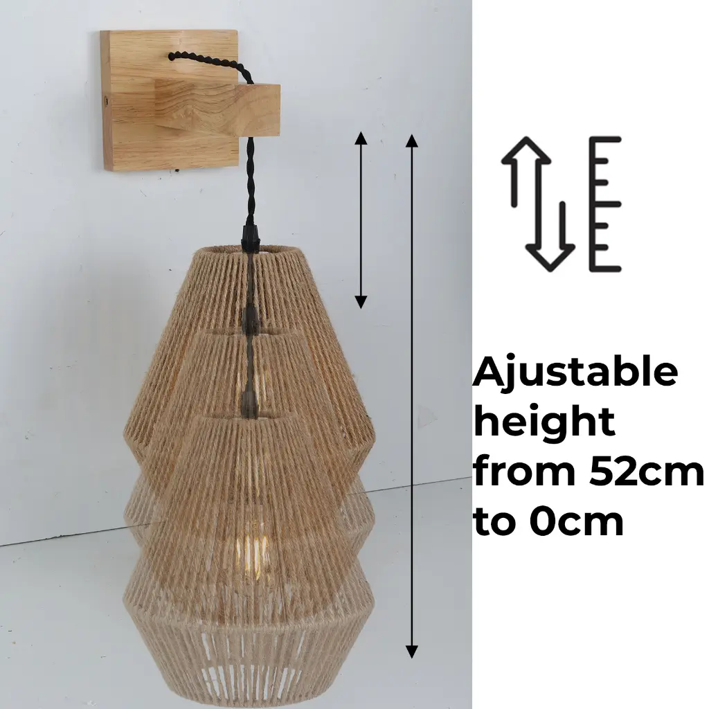 Lámpara colgante de yute con altura ajustable de 52 cm a 0 cm.