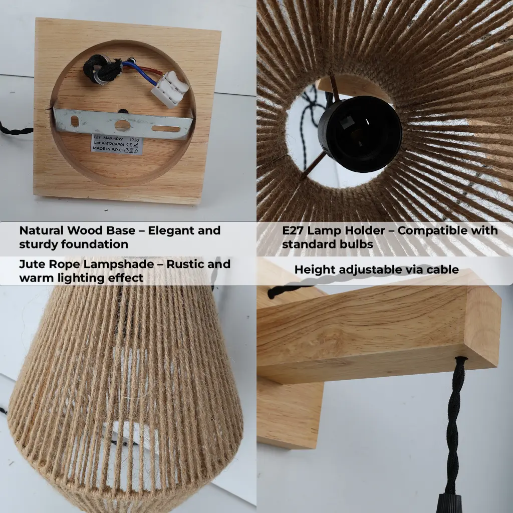 Base de madera natural con pantalla de yute, portalámparas E27, altura regulable.