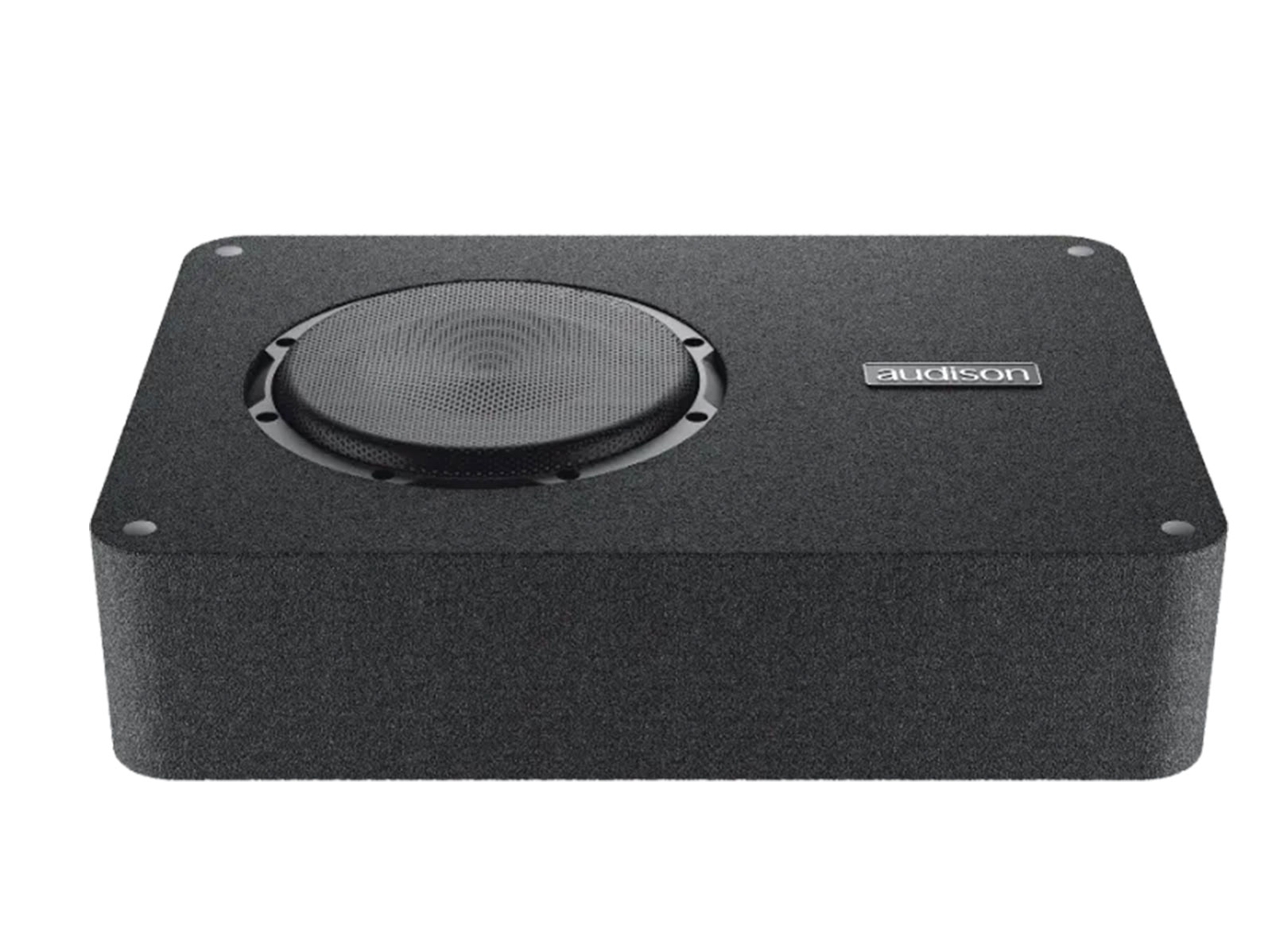 Ein schwarzer Audison Subwoofer-Lautsprecher mit Gitter und silbernem Logo auf weißem Grund.