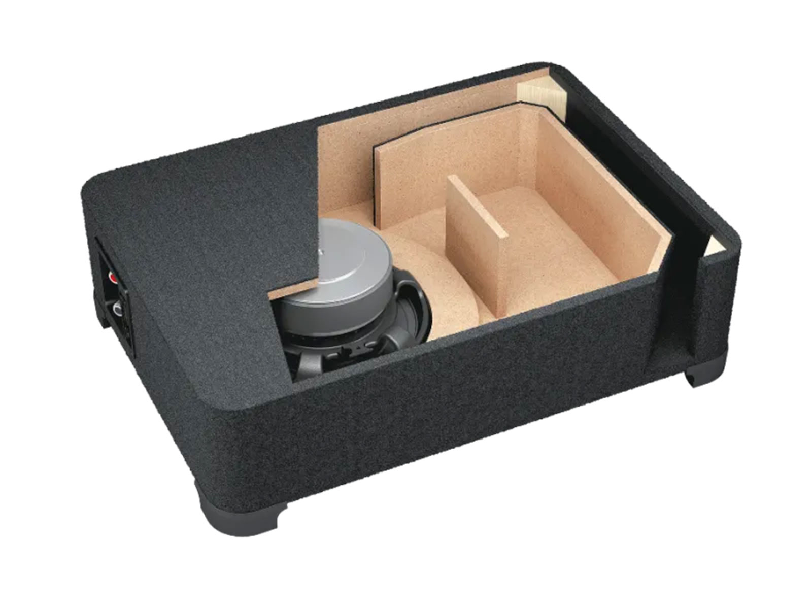 Ein Subwoofer in einem schwarzen Gehäuse mit Holztrennwänden.
