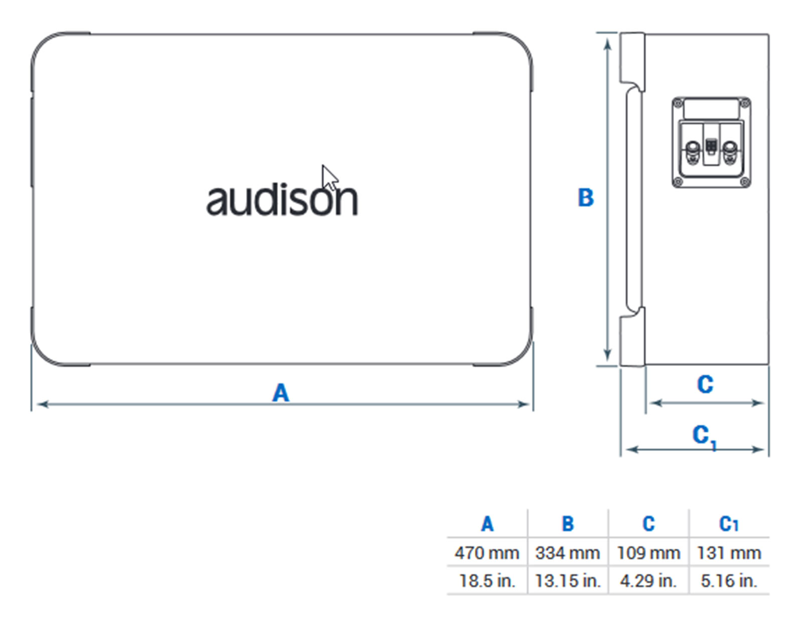 Technische Zeichnung eines Audison-Verstärkers mit Maßen A, B, C und C1.