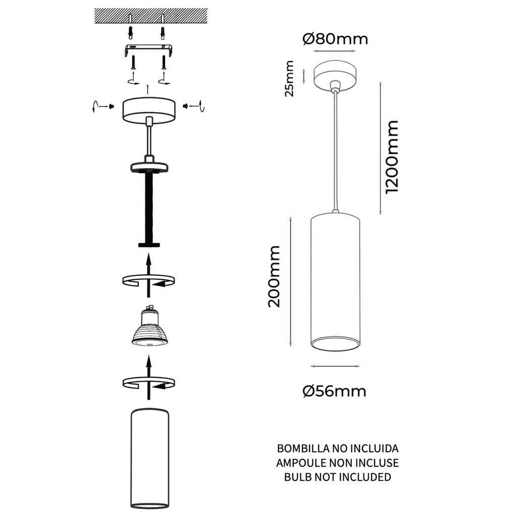 Dibujo técnico de una lámpara colgante con dimensiones. Montaje a la izquierda, lámpara a la derecha.