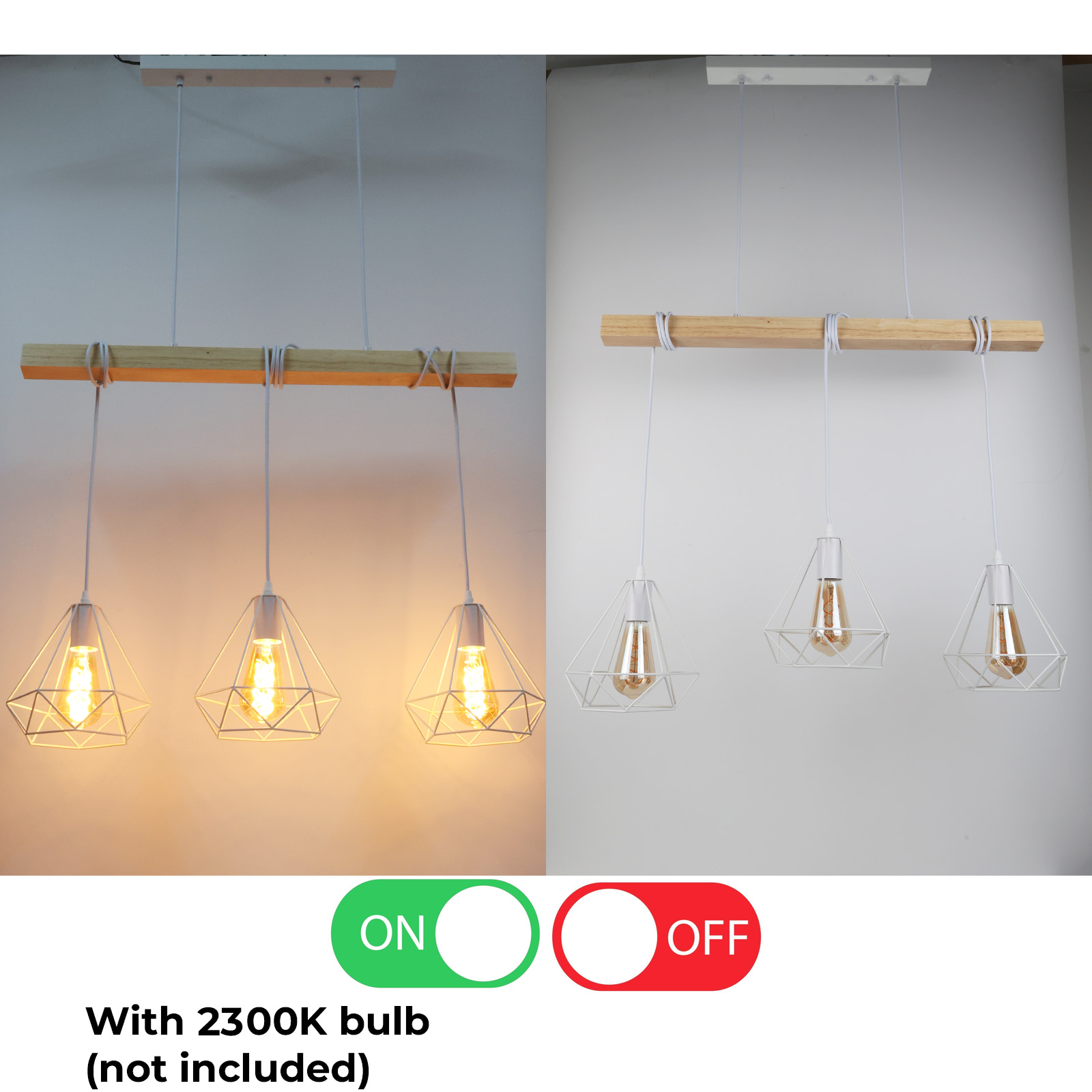 Lámpara colgante con barra de madera y tres pantallas geométricas blancas.