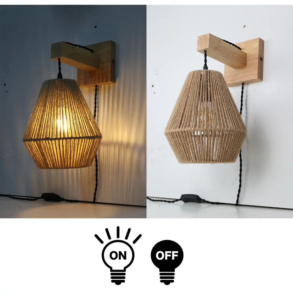 Lámpara de pared de yute con soporte de madera, encendida a la izq., apagada a la der.