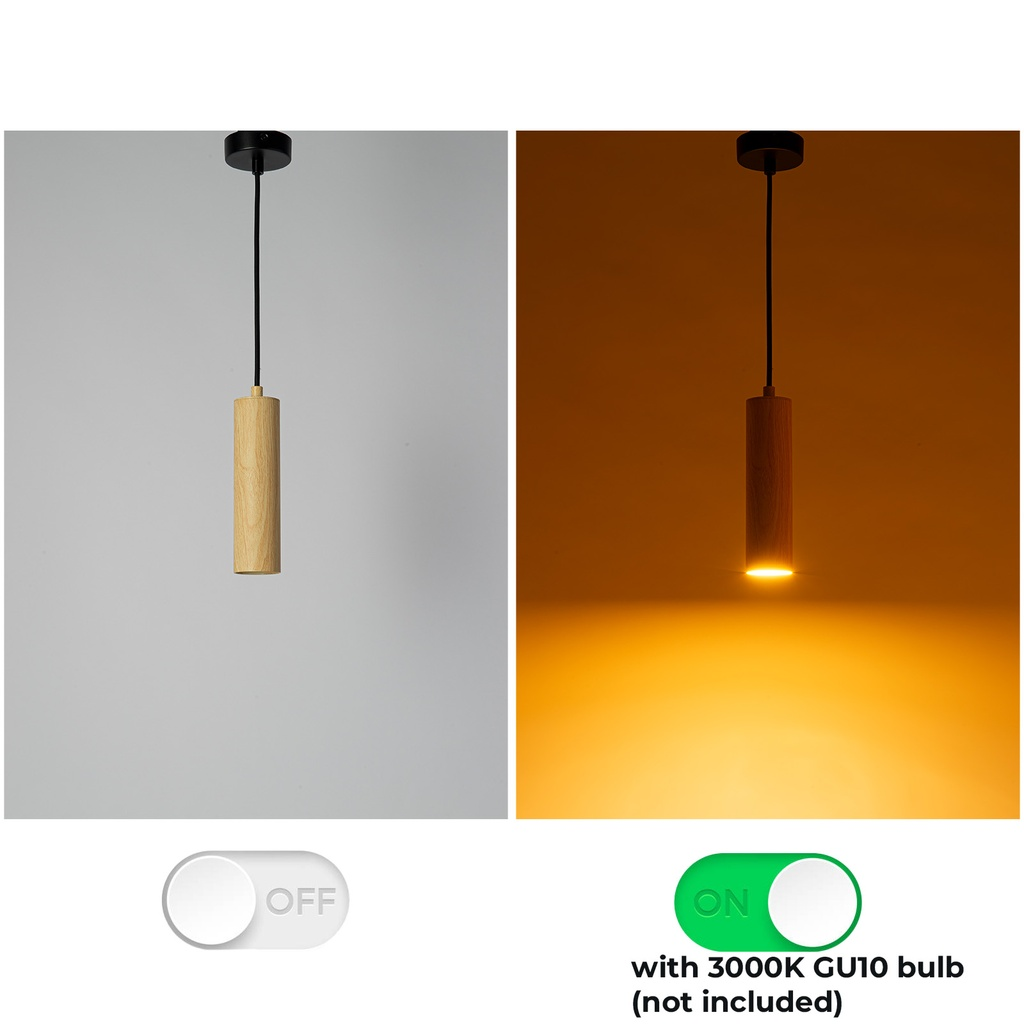 Lámpara colgante de madera encendida/apagada. Izquierda apagada, derecha encendida.