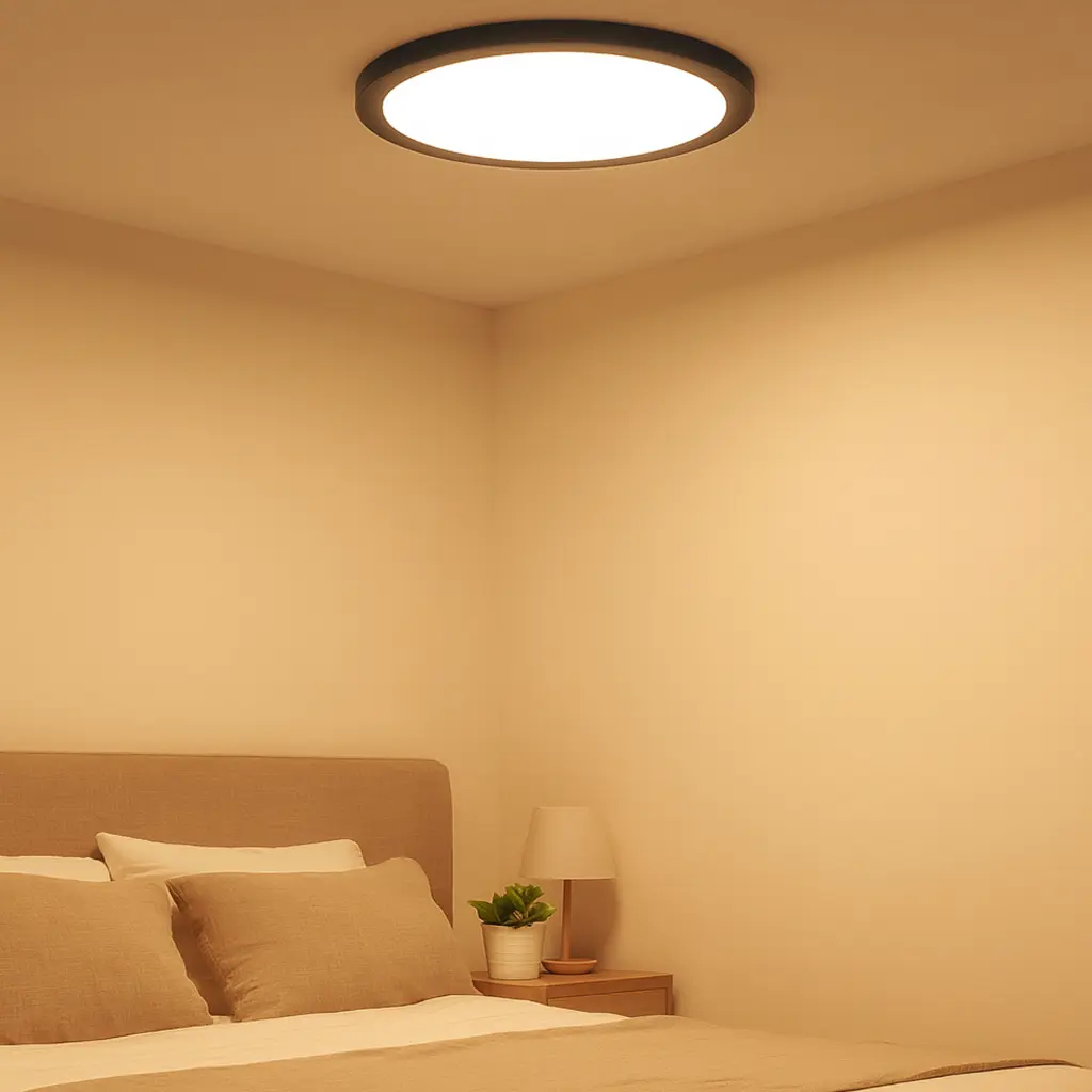Una luz redonda de techo sobre una cama con almohadas y mesita.
