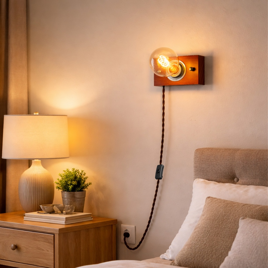 Una mesita de noche con lámpara y una luz de pared con bombilla.