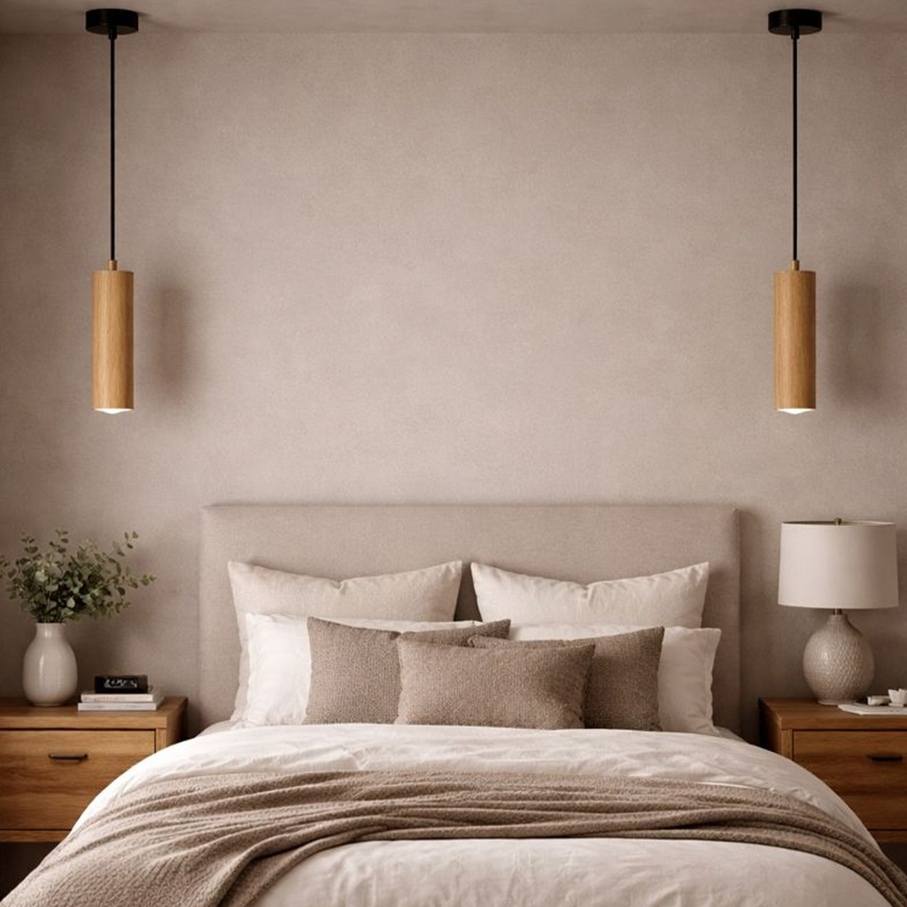 Un dormitorio moderno con cama, mesitas de noche y lámparas colgantes.