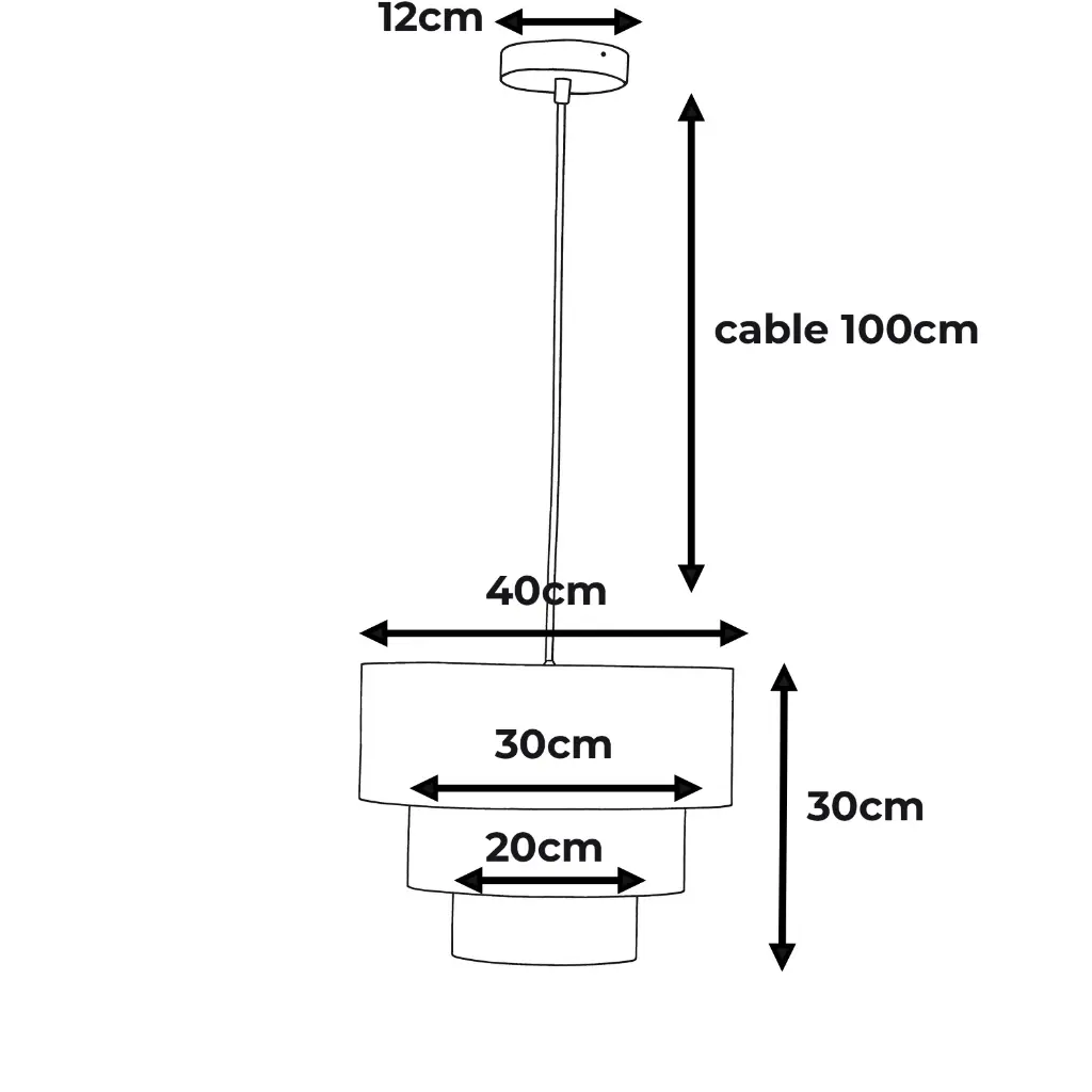 Lámpara colgante de tres pantallas, 12cm florón, cable 100cm, 40cm ancho.