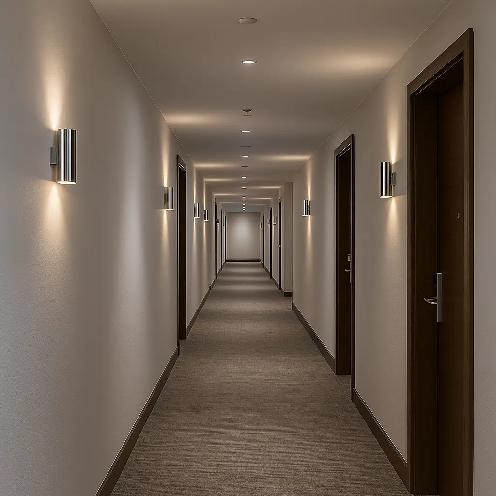 Largo pasillo de hotel con puertas a ambos lados y apliques.