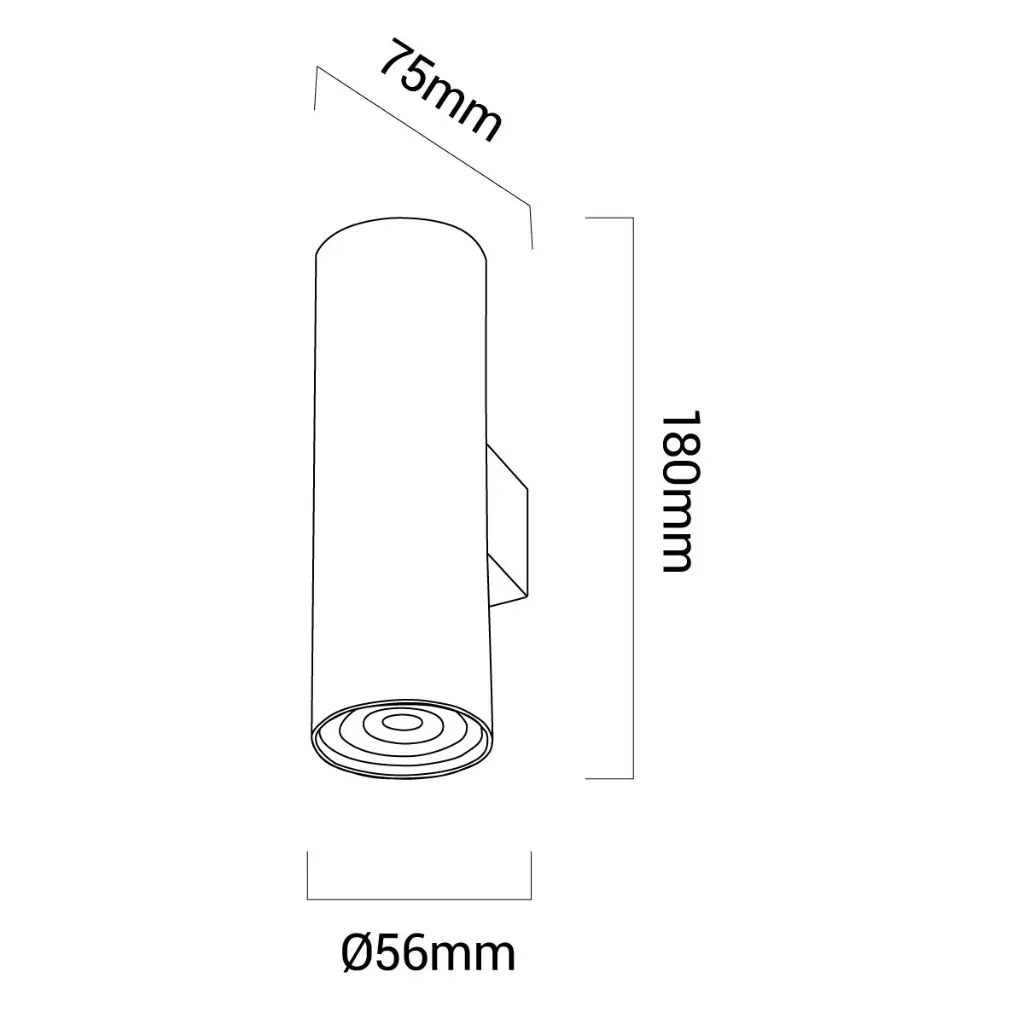 Dibujo técnico de lámpara cilíndrica, 75mm, 180mm alto, 56mm diámetro.