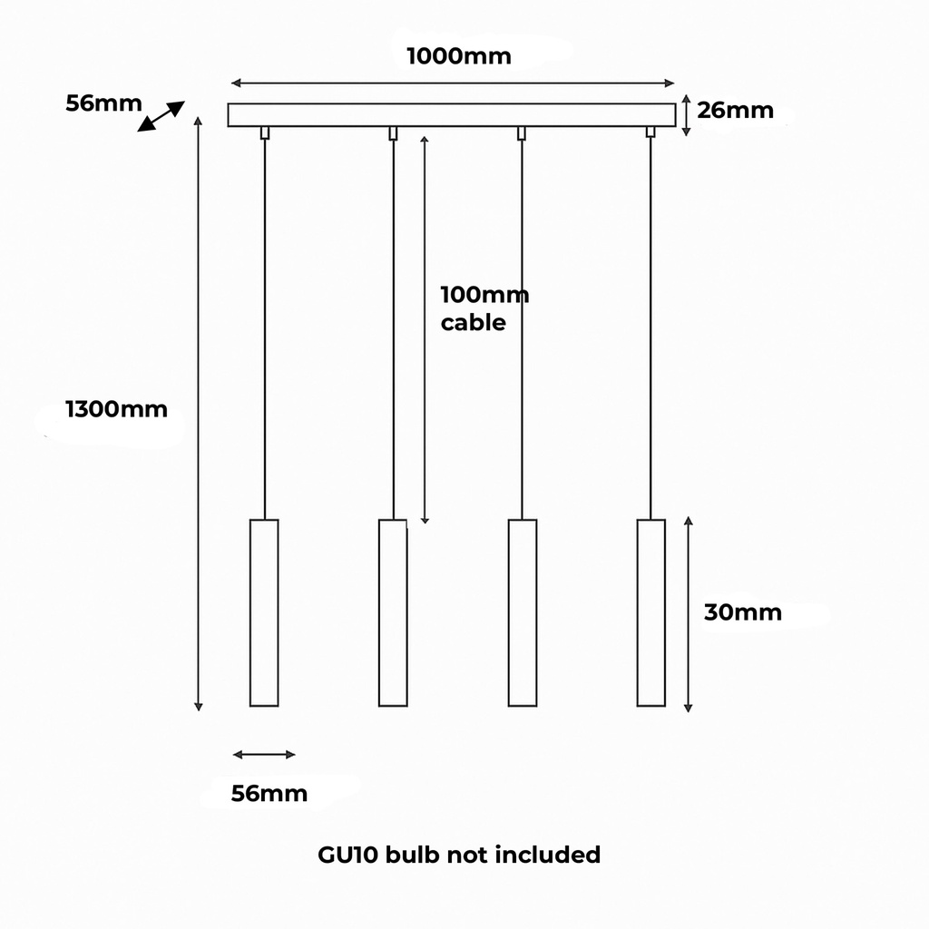 Dibujo técnico de una lámpara colgante de cuatro cilindros, 1000mm de ancho.