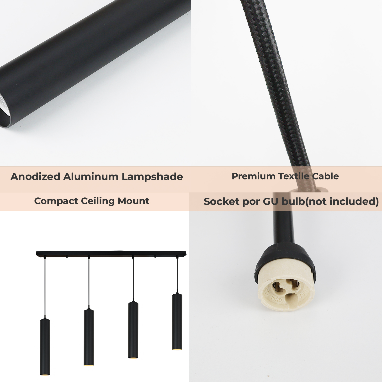 Cuatro lámparas colgantes cilíndricas negras con soporte de techo negro.