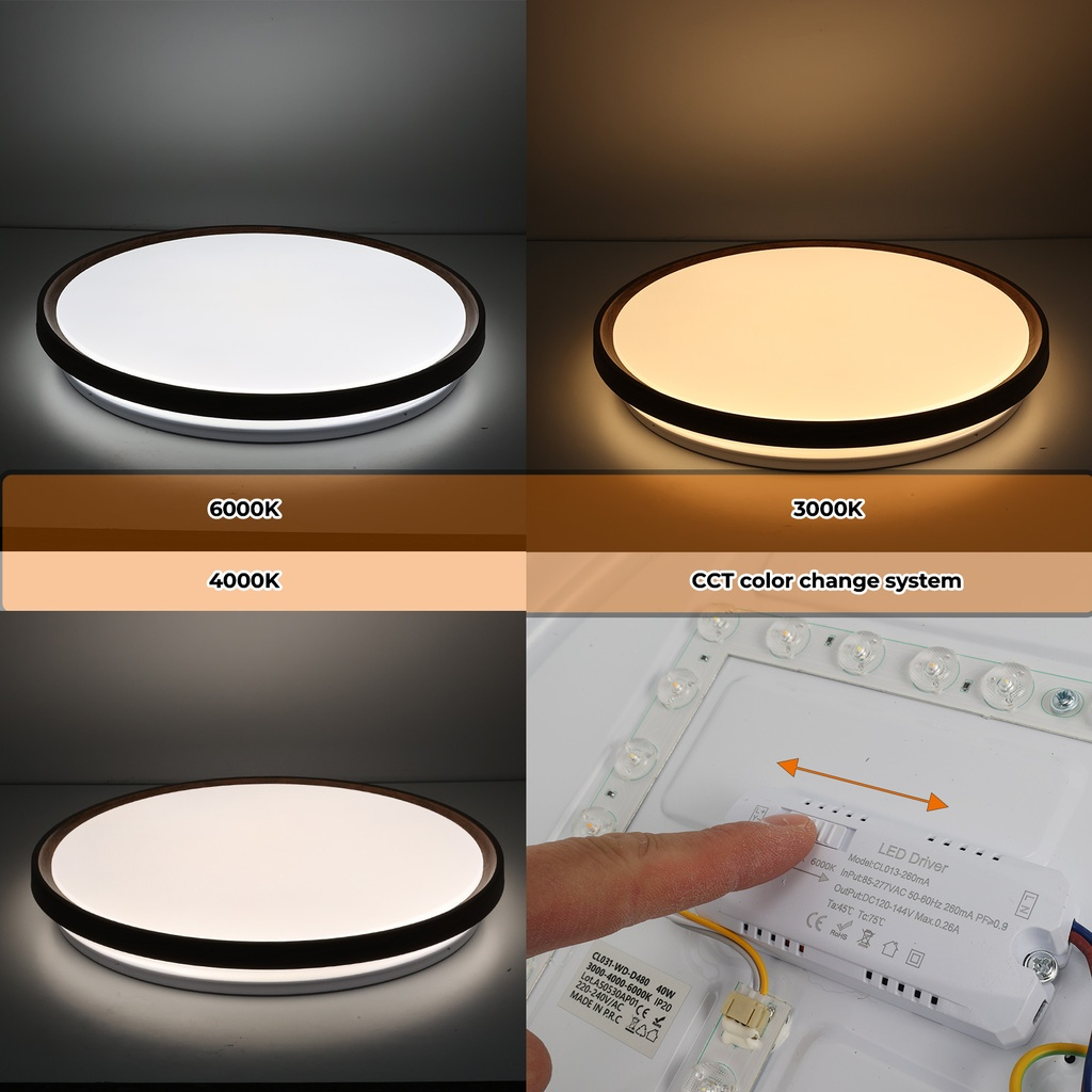 Luz de techo con cambio de color CCT: 6000K, 4000K, 3000K. Primer plano del controlador LED.
