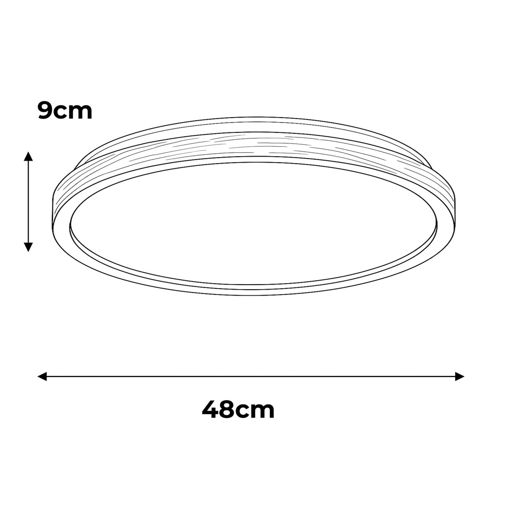 Un dibujo esquemático de una luz redonda, de 48 cm de diámetro y 9 cm de altura.
