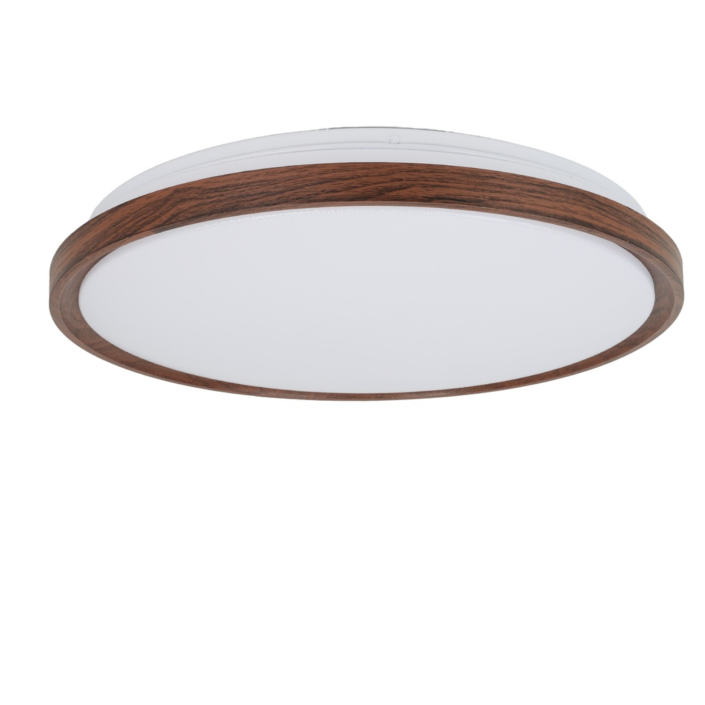 Lámpara de techo redonda con difusor blanco y borde de madera.