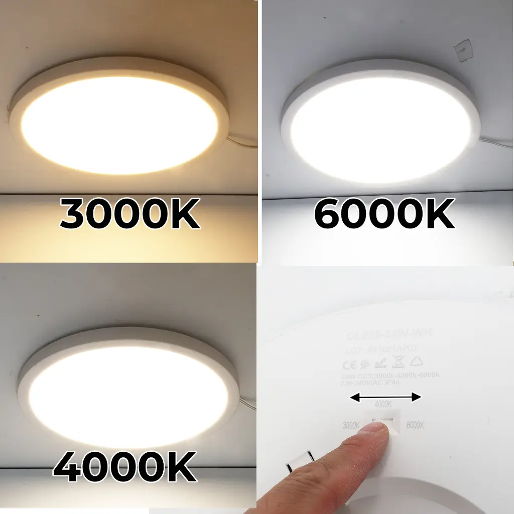 Cuatro vistas de una lámpara LED redonda de techo mostrando tres temperaturas de color.
