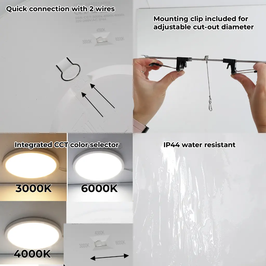 Luz de techo con conexión de 2 cables, selector CCT, clip de montaje, IP44.