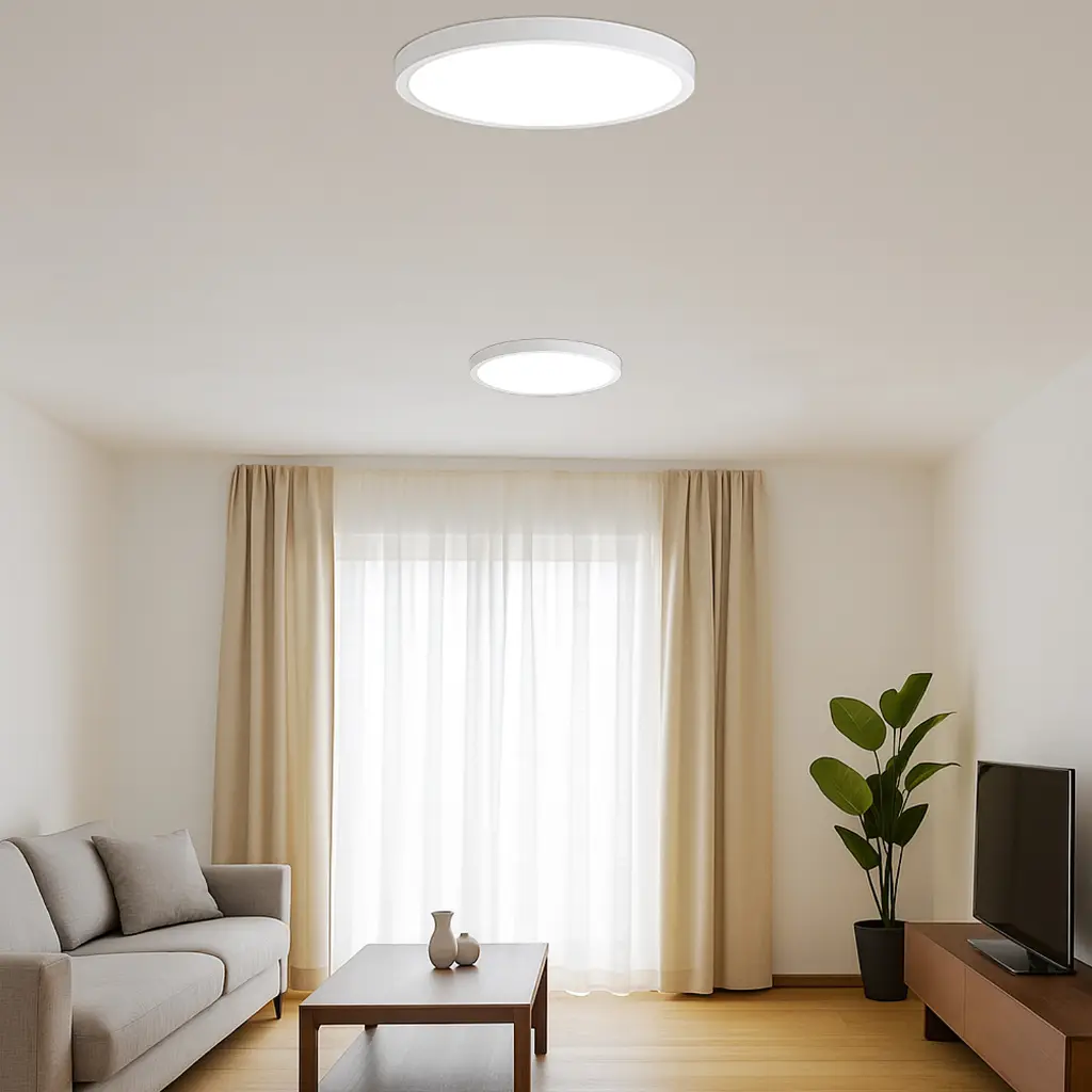 Sala de estar con dos luces redondas de techo, sofá, mesa y TV.