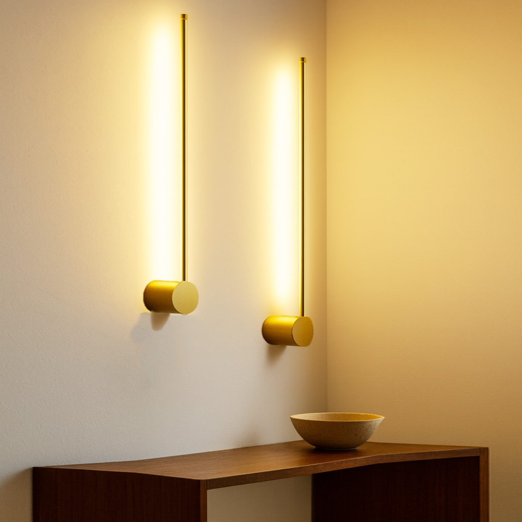 Dos apliques modernos de latón iluminan una pared. Debajo hay una repisa de madera con un cuenco.