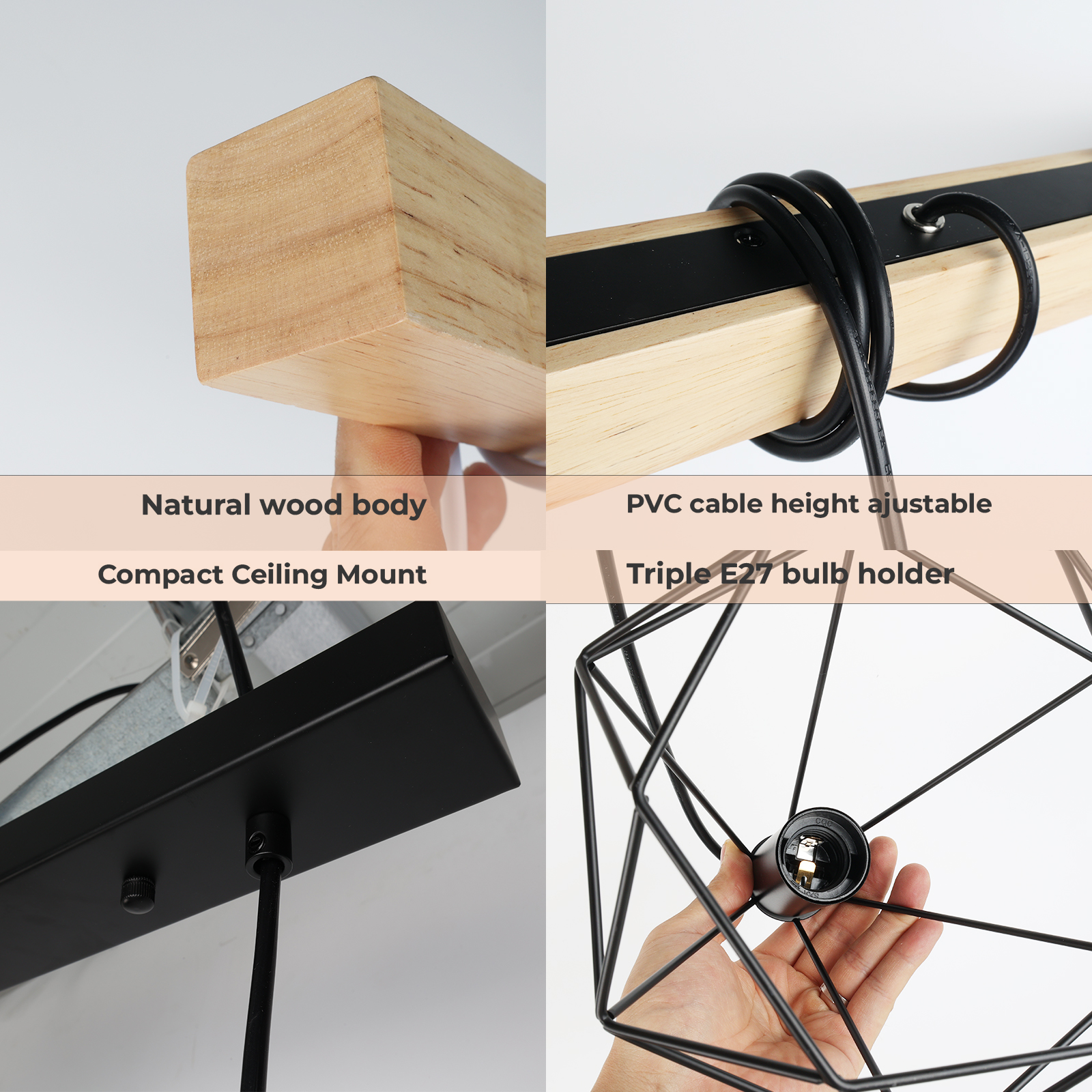 Cuerpo de madera, cable ajustable, montaje en techo, portalámparas E27, jaula.