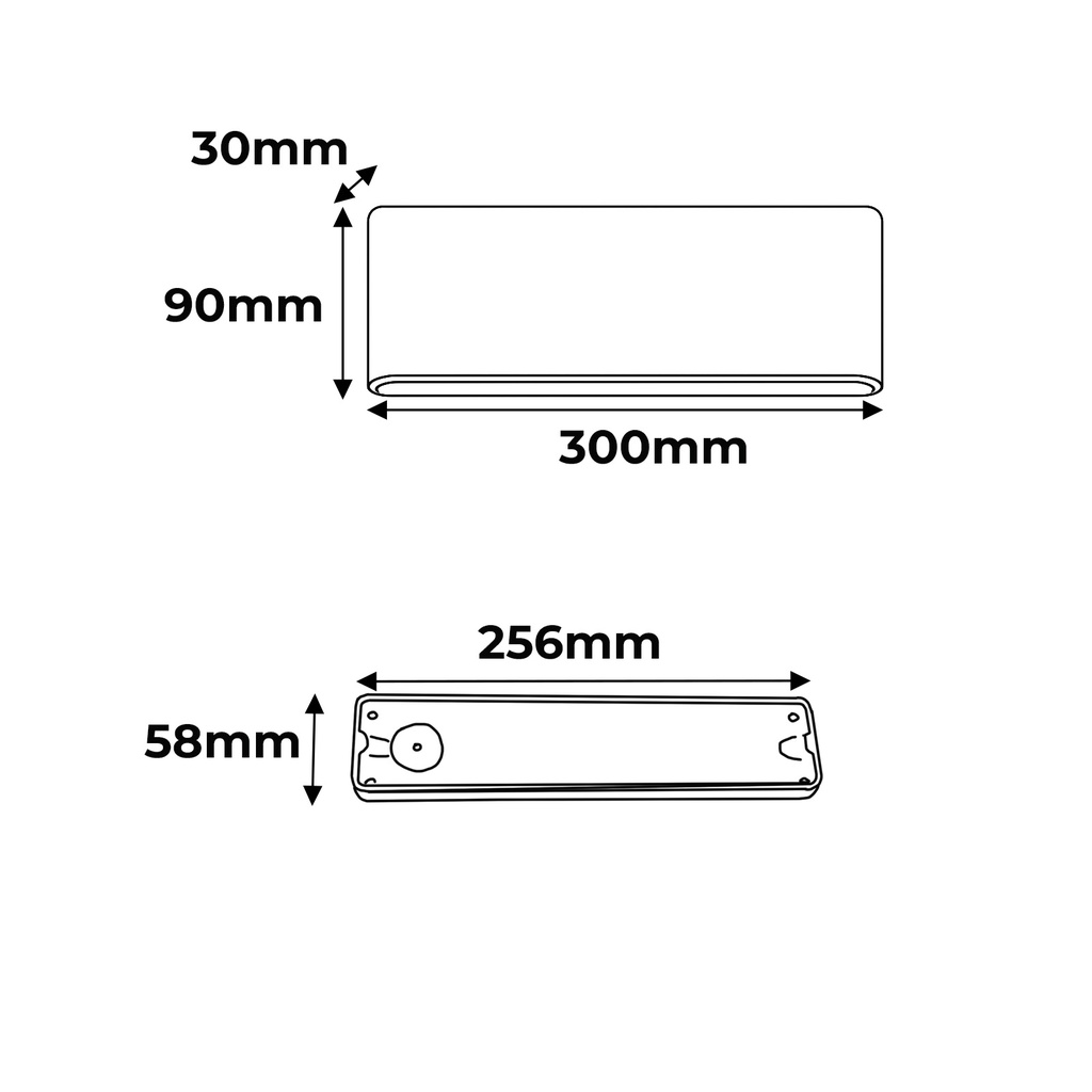 Dibujo técnico: dimensiones 300x90x30mm y 256x58mm, vista superior.