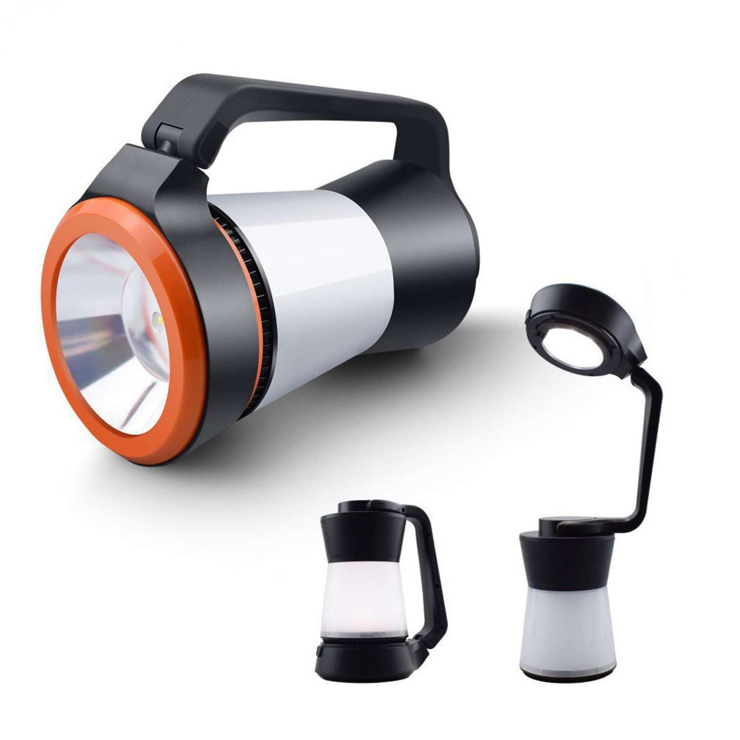 Ein großer Handscheinwerfer mit orangefarbenem Ring, daneben zwei Laternen.