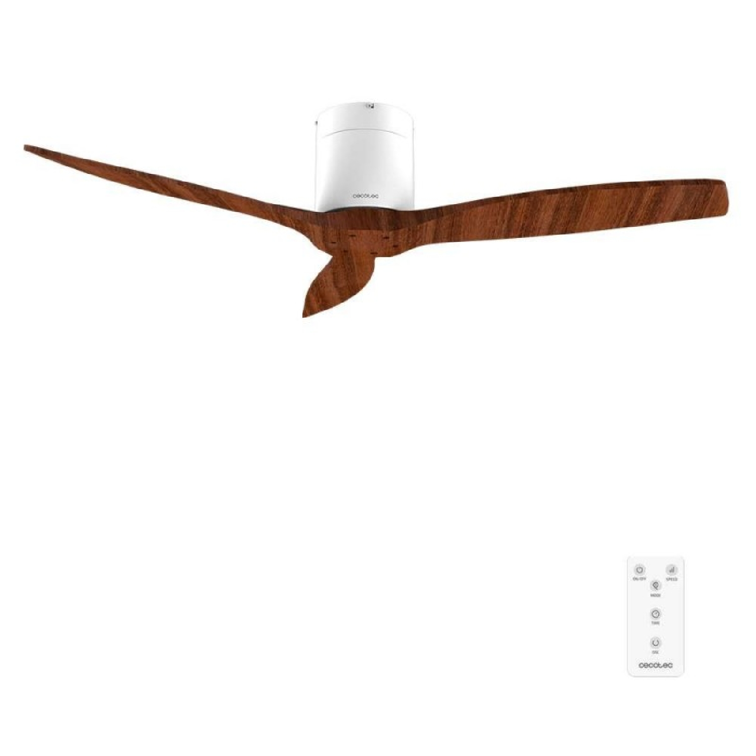 Un moderno ventilatore da soffitto bianco con pale in legno e telecomando.