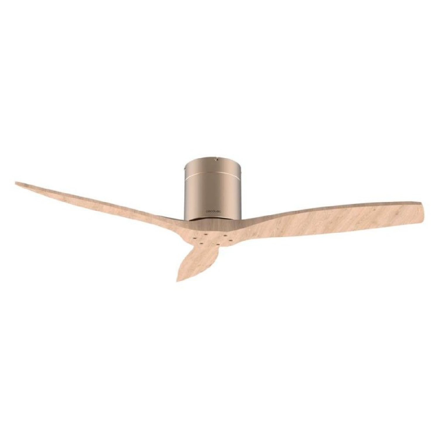 Un ventilatore da soffitto moderno con tre pale in legno e alloggiamento centrale metallico.