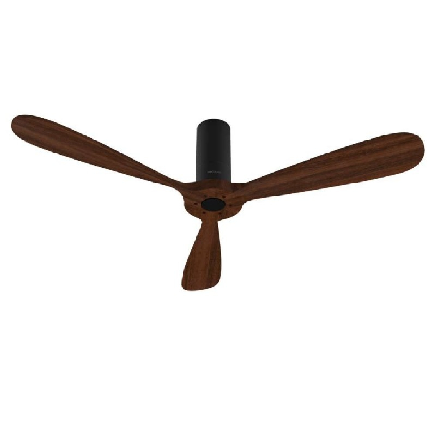 Un ventilatore da soffitto a tre pale con pale in legno e alloggiamento motore nero.
