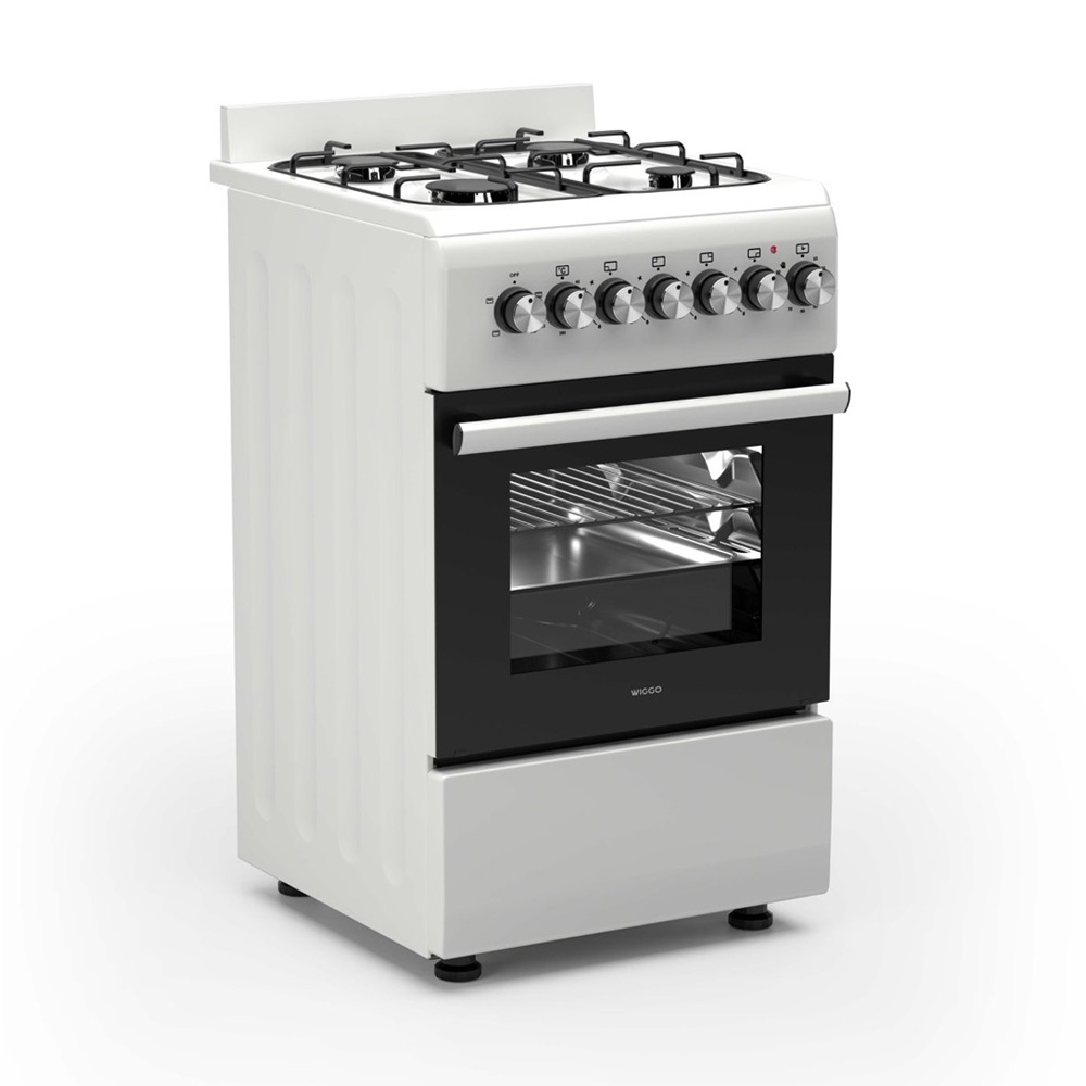A white gas stove with four burners, an oven, and six control knobs.