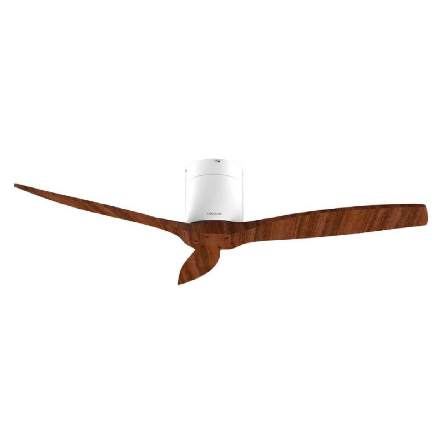 Un ventilatore da soffitto moderno con pale in legno e unità centrale bianca.