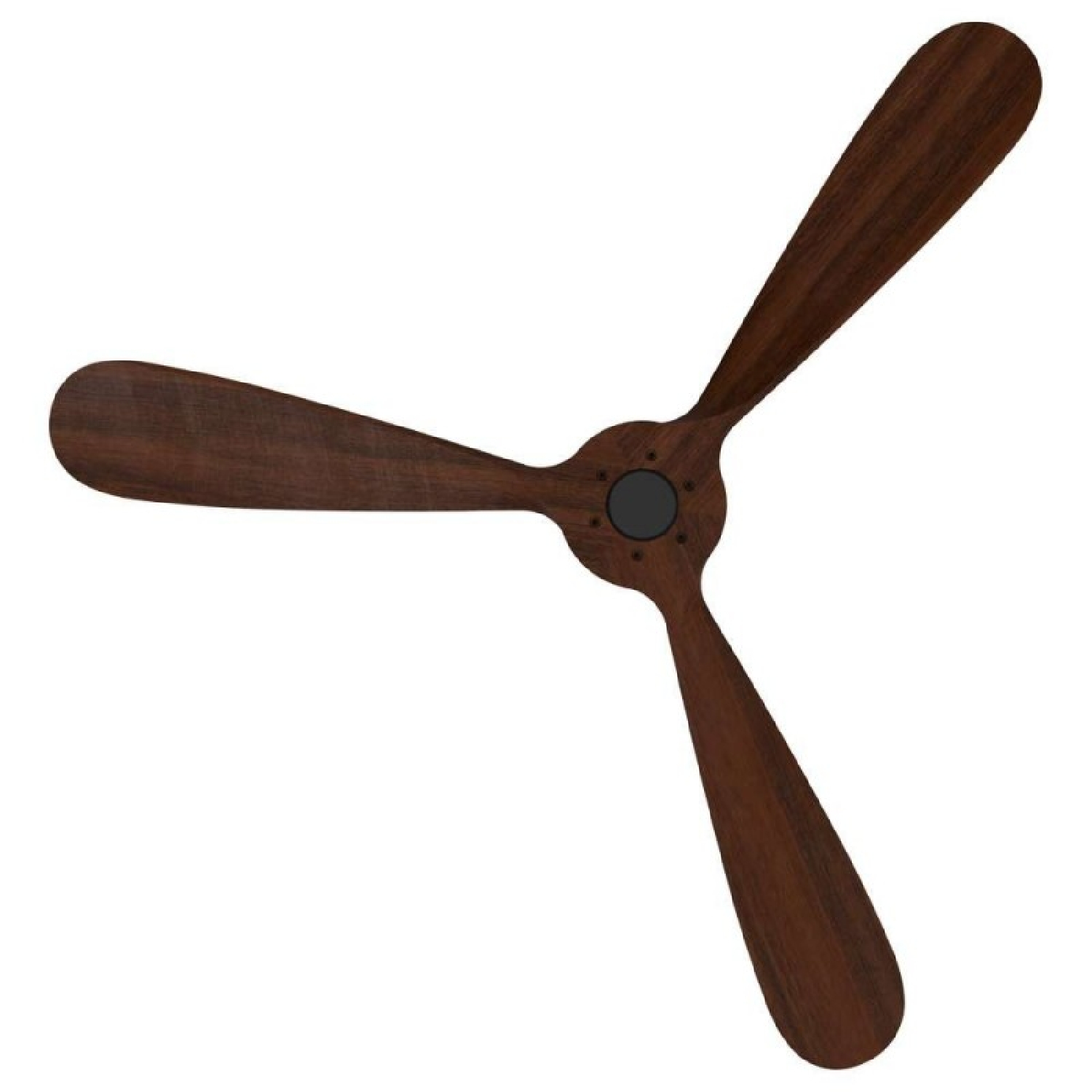 Tre pale di ventilatore in legno marrone su sfondo bianco.