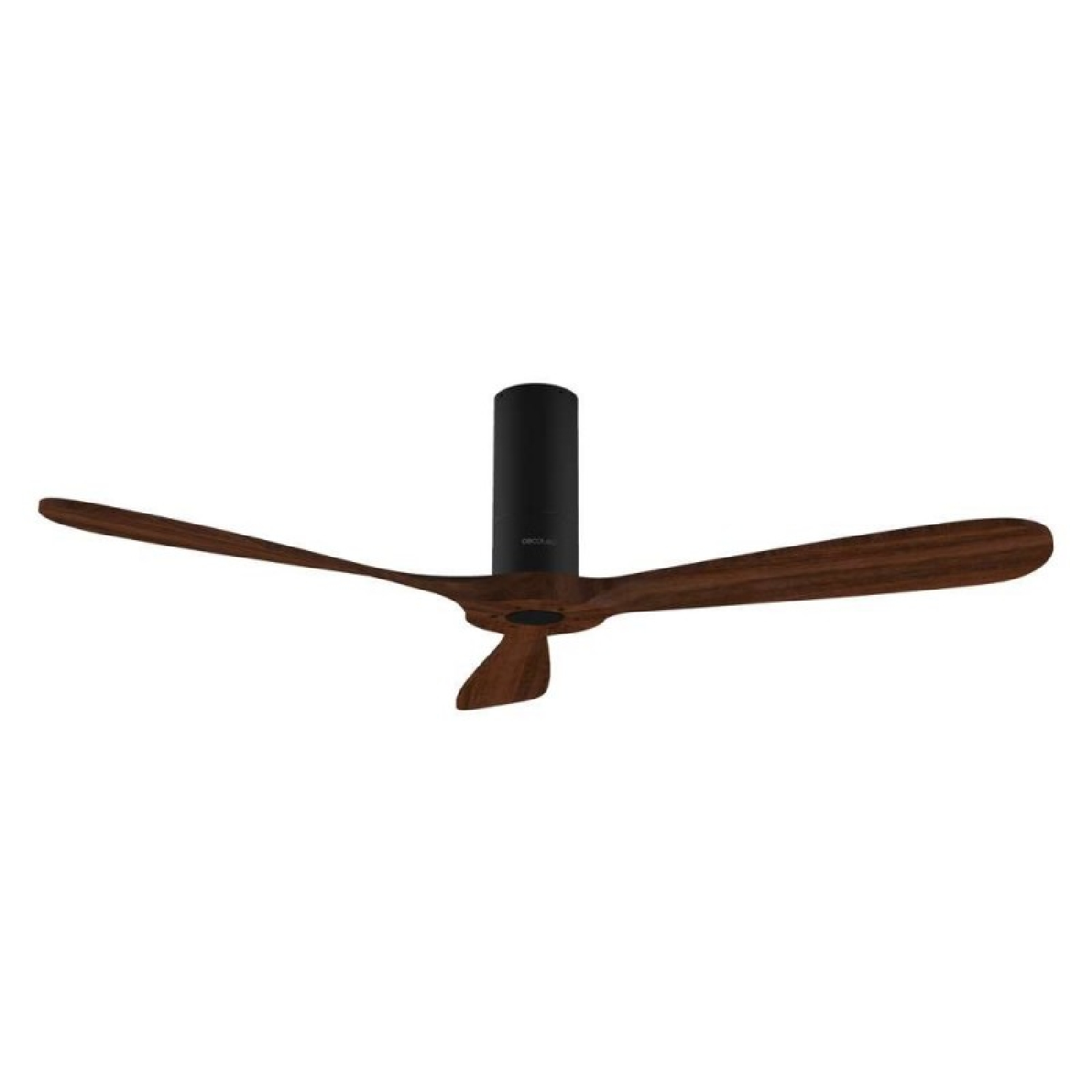 Un ventilatore da soffitto nero con tre pale in legno.