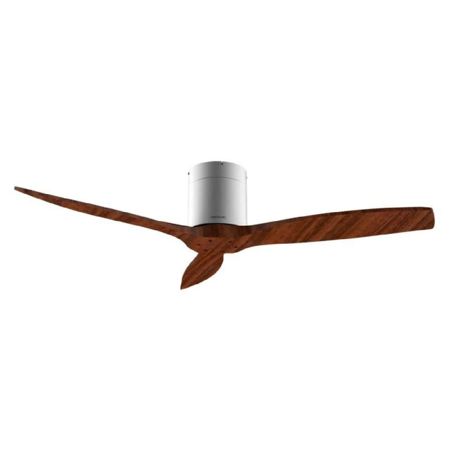 Un moderno ventilatore da soffitto con tre pale in legno e alloggiamento argento.