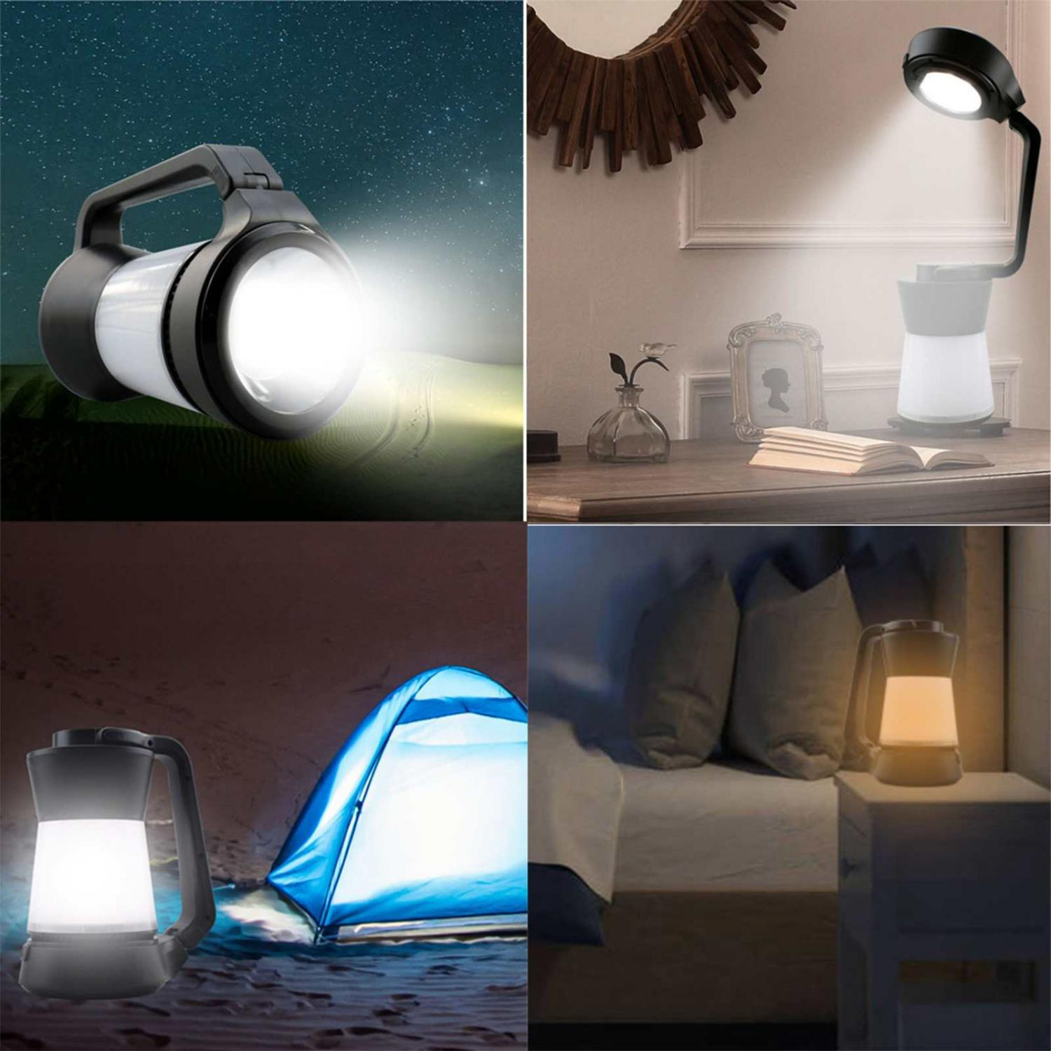 Vier Szenen mit einer Lampe: draußen, am Schreibtisch, beim Zelten, im Schlafzimmer.