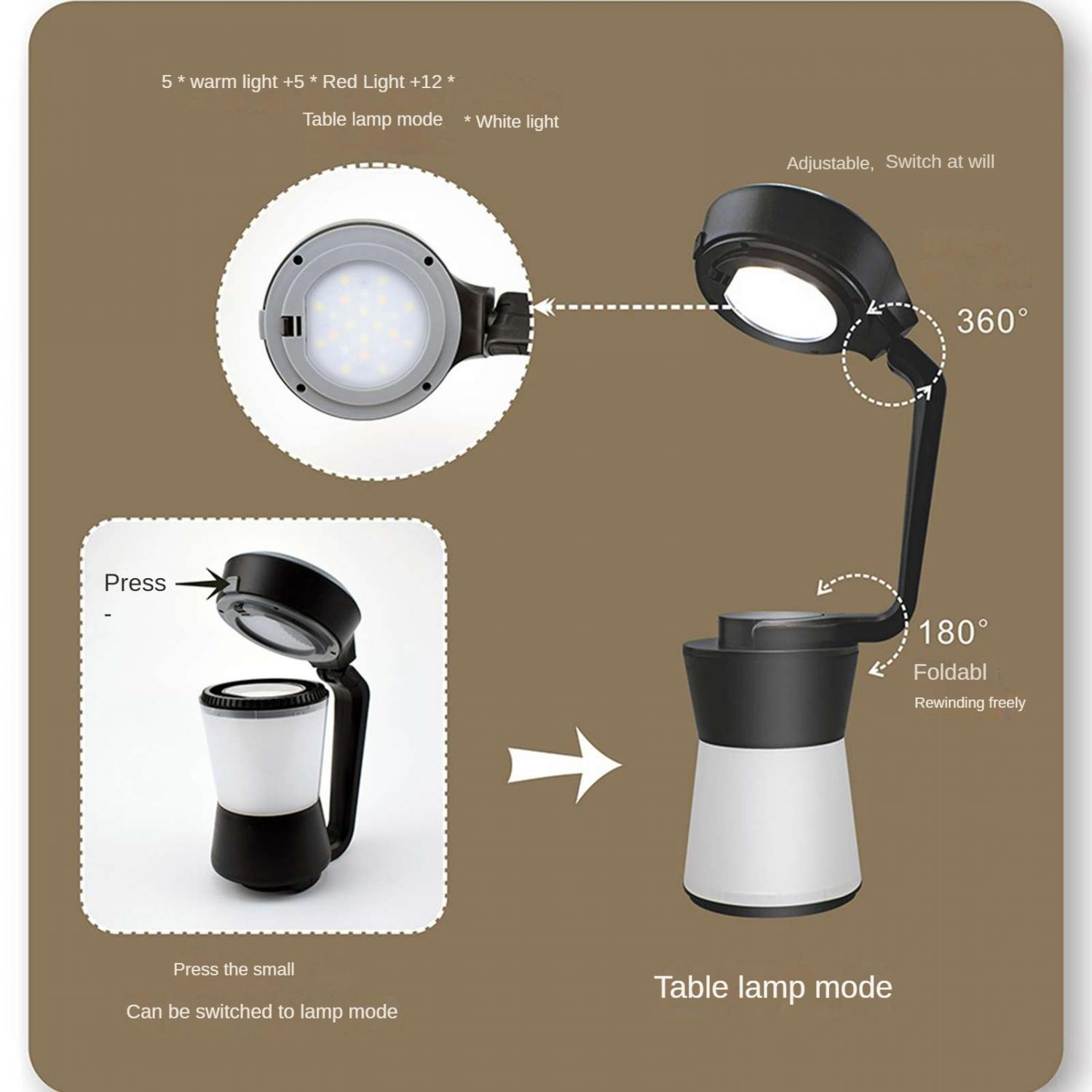 Verstellbare Lampe mit verschiedenen Lichtmodi und 360° Drehung.