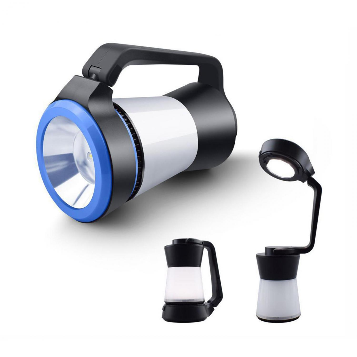 Ein großer Scheinwerfer mit blauem Rand und ein kleinerer Laternen-ähnlicher Lampen.