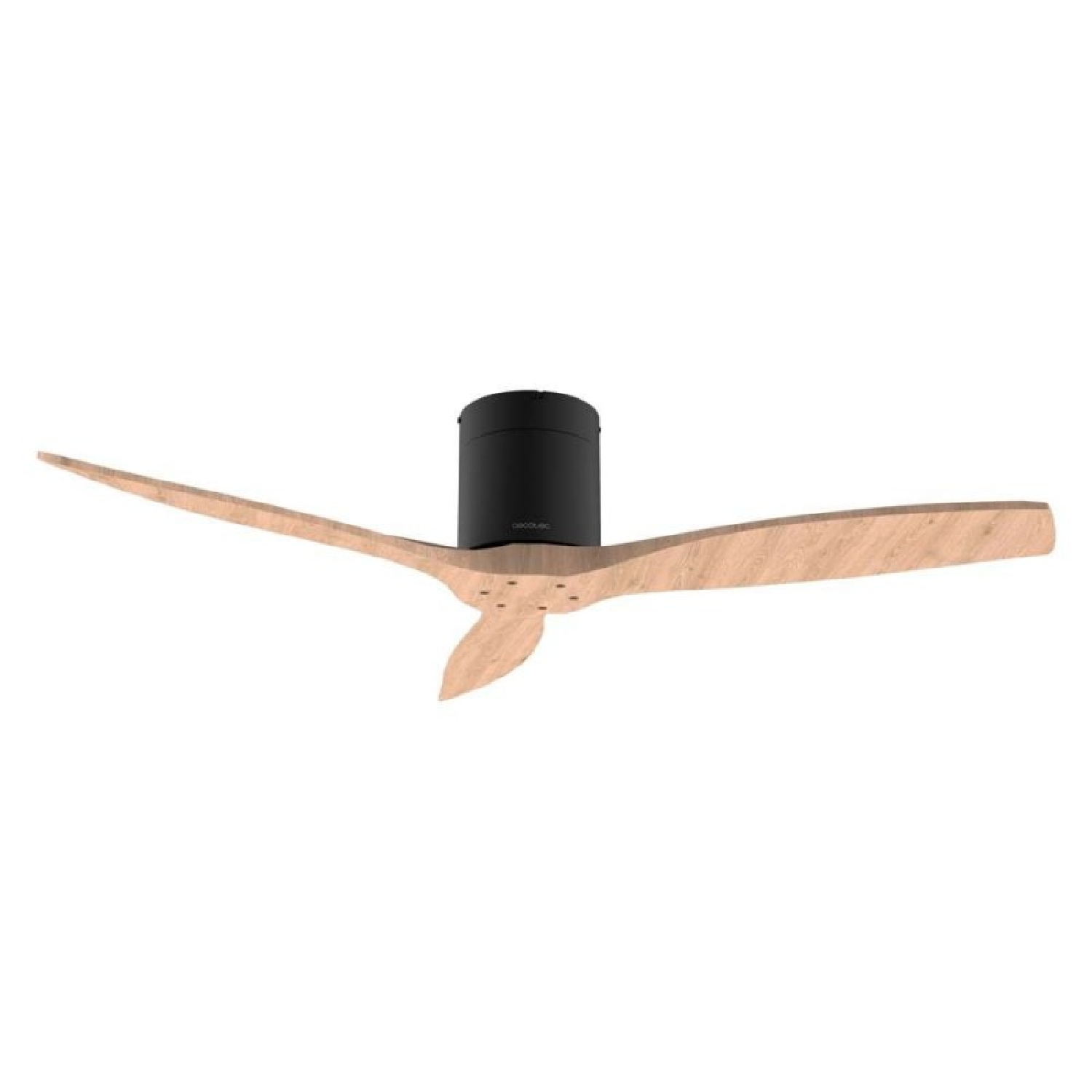 Un ventilatore da soffitto moderno con centro nero e tre pale in legno.