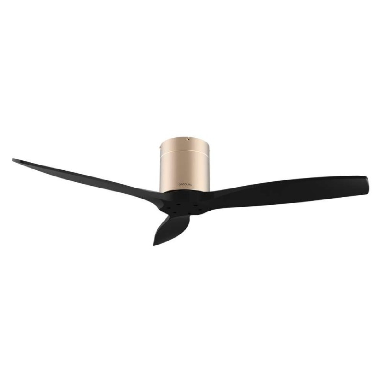 Ventilatore da soffitto con tre pale nere e alloggiamento motore oro.