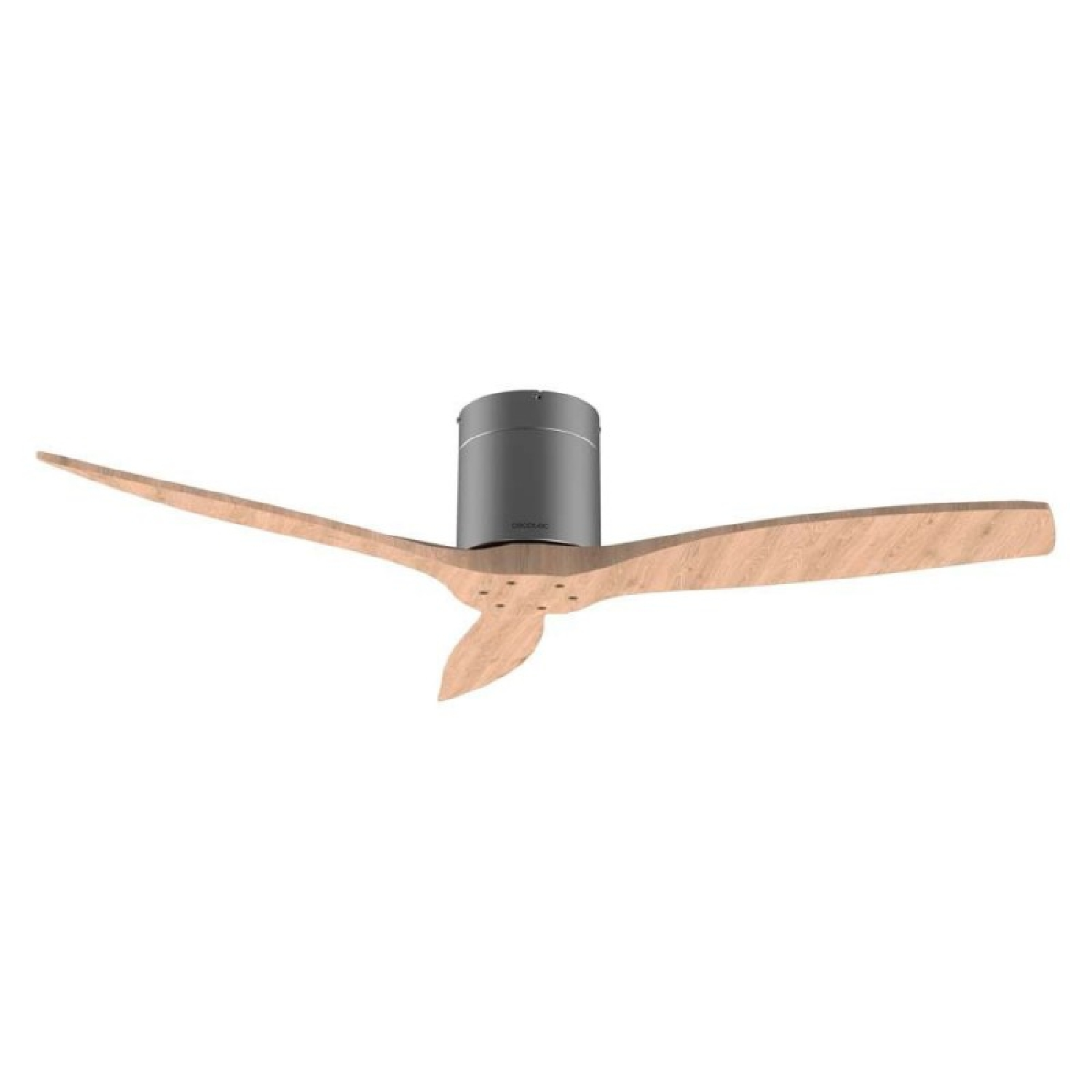 Un ventilatore da soffitto con tre pale in legno e alloggiamento motore in metallo scuro.